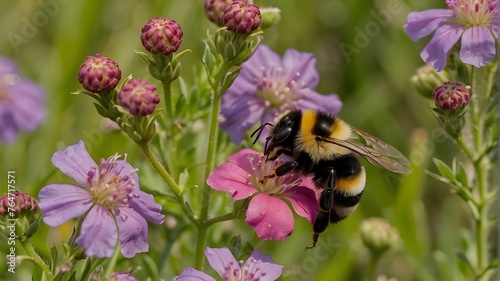 close-up shot of a bumblebee gathering nectar from a colorful patch of wildflowers