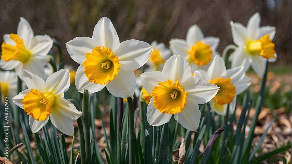 A cluster of daffodils swaying in the breeze, their golden trumpets heralding the arrival of spring A cluster of daffodils swaying in the breeze, their golden trumpets heralding the arrival of spring