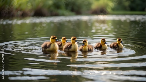A family of fluffy ducklings following their mother as they paddle across a tranquil pond