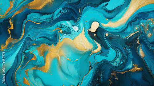 Blue and gold marble background with liquid abstract pattern