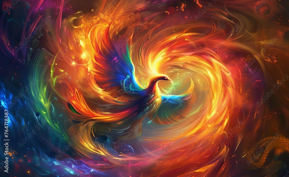 Enchanting, storybook-style illustration of a magical phoenix rising from a colorful, swirling vortex of flames, digital art - obrazy, fototapety, plakaty 