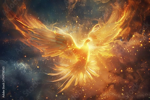 Enchanting portrayal of a divine phoenix, rising from the ashes of the universe, representing eternal rebirth and renewal