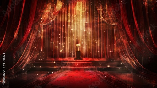 This design features a red maroon and golden curtain stage background with a trophy on a red carpet photo