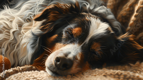 a heartwarming hyperrealistic scene featuring a senior Australian Shepherd enjoying a peaceful nap