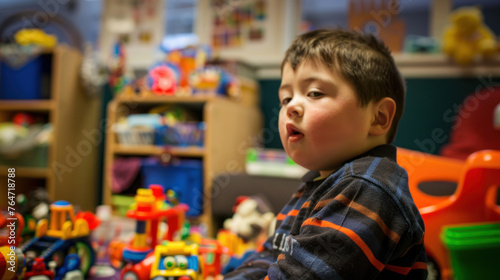 A profile shot of a three-year-old boy with Down syndrome playing with toys in a room