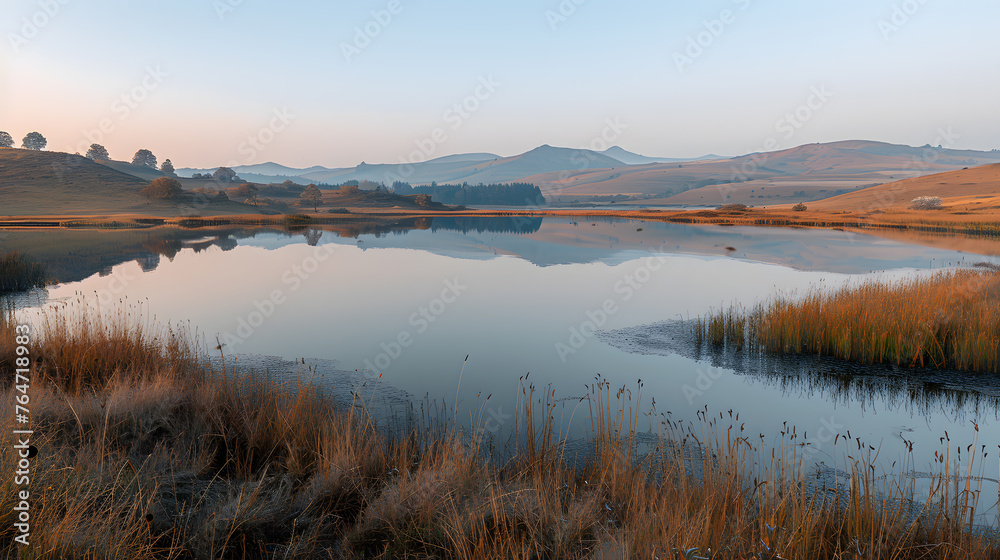 A still lake, with distant rolling hills as the background, during a quiet autumn evening