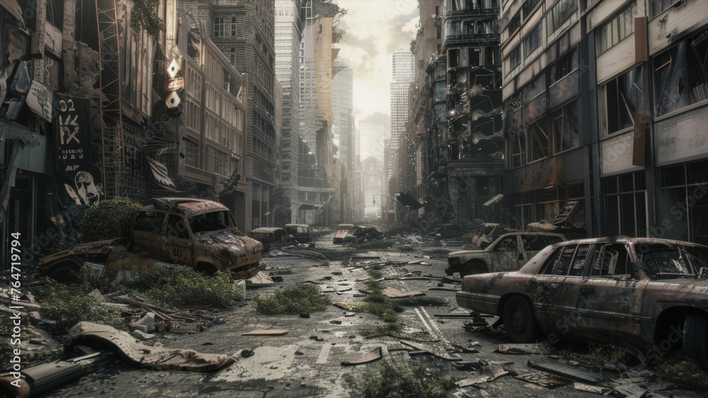 Apocalyptic urban landscape with deserted streets and dilapidated buildings. - obrazy, fototapety, plakaty 