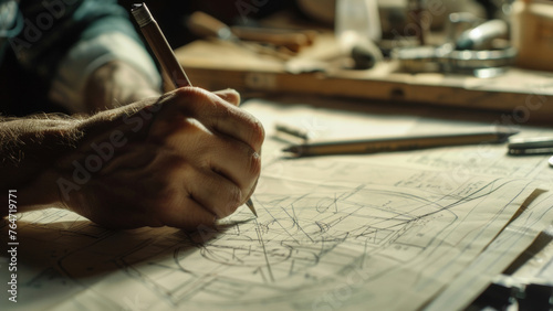 Person's hand drafting intricate blueprints with a focus on detail. photo