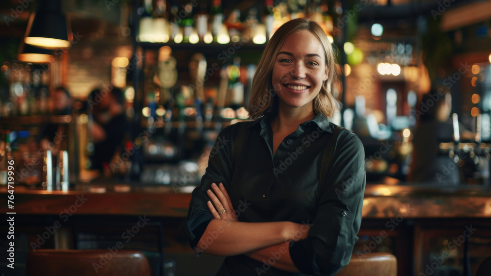 Smiling bartender woman with crossed arms in a cozy bar ambiance.