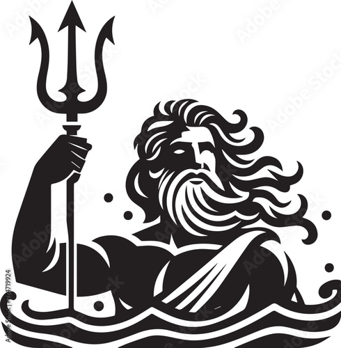 God Poseidon illustration. God Neptune illustration. Simple Poseidon black and white illustration. Roman god Neptune. Greek God Poseidon. Greek mythology. Roman mythology