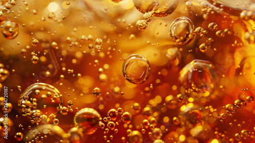 Close-up of golden bubbles fizzing, capturing the effervescence of liquid amber.