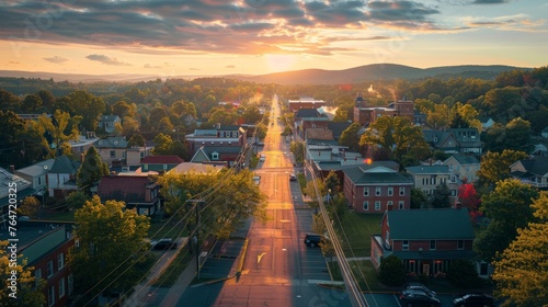 Capture morning light on small town with central landmark in pastel tones
