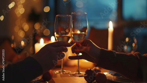 Warm candle-lit toast with wine glasses over a romantic dinner setting.