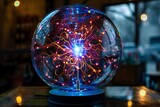 Mesmerizing Glowing Plasma Globe with Electric Bolts, Futuristic Science Fiction Concept Close-up Photography