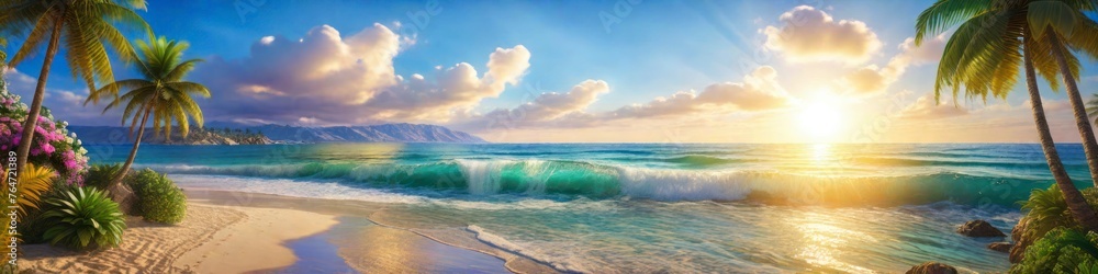 Abstract midsummer illustration tropical ocean shore on sunset background. The concept of travel, vacation. Background for social media banner, website and for your design, space for text.	
