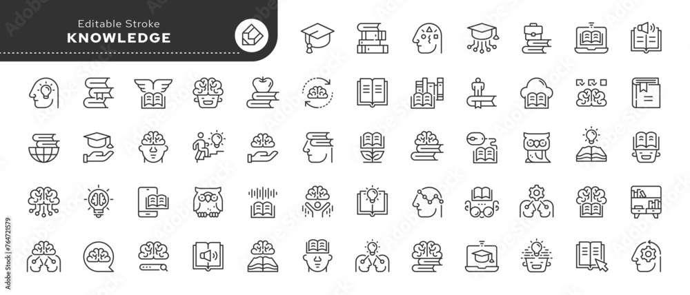 Set of line icons in linear style. Series - Knowledge and cognition. Education, studying books, developing intelligence. Outline icon collection. Conceptual pictogram and infographic