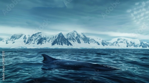 A massive blue whale gracefully swims in the deep ocean waters, with majestic snow-capped mountains towering in the background. The awe-inspiring sight captures the peaceful coexistence of marine and © Goinyk