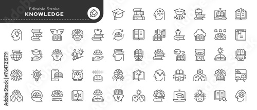 Set of line icons in linear style. Series - Knowledge and cognition. Education, studying books, developing intelligence. Outline icon collection. Conceptual pictogram and infographic