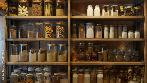 Organized pantry shelves stocked with assorted jars of dry goods.