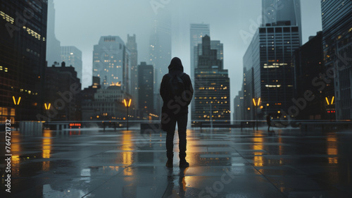 A lone figure stands enveloped in the moody glow of a rainy urban nightscape. photo