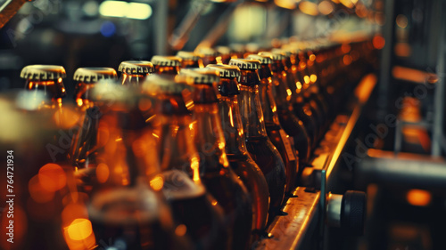 Golden bottles shimmer on a conveyor belt, reflecting the buzz of the bottling plant.