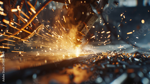 Sparks fly as a robotic arm welds in a dramatic display of industrial automation. © VK Studio