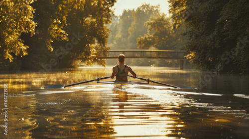 A rower cuts through golden water at dawn, bridging tranquility and ambition.