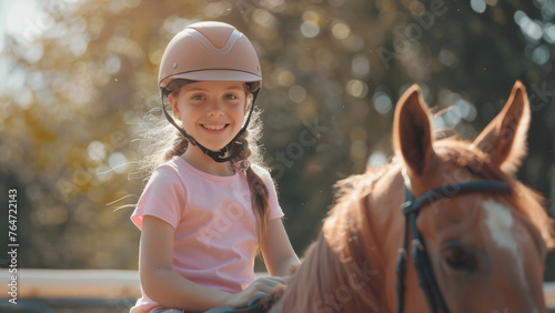 Joyful young rider in helmet smiling atop a horse in the golden hour.