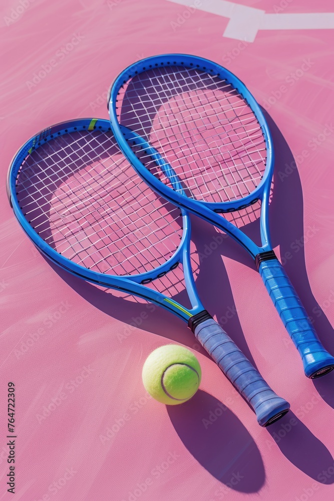 tennis rackets and tennis balls lying on pink tennis court. ai generated