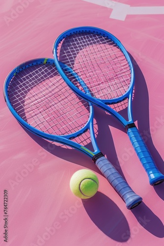 tennis rackets and tennis balls lying on pink tennis court. ai generated © dark_blade
