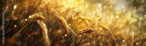 A detailed view of a wheat field with raindrops glistening in the sunlight