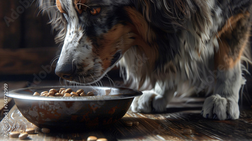the anticipation of mealtime with a hyperrealistic image of a Border Collie eating kibble from a dog bowl. 