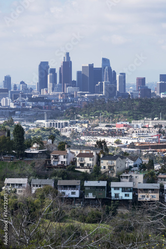 Downtown Los Angeles skyline with hillside homes in foreground.  Vertical view.  