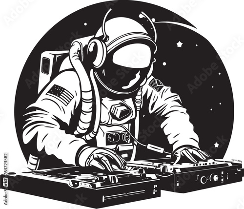 Starry Spin Vector Logo with Astronaut DJ Illustration Interstellar Mix Vector Design with DJ Astronaut Iconography