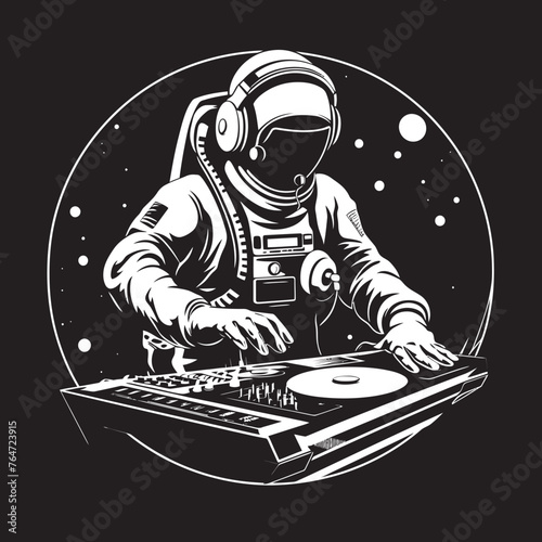 Starlit Spin Vector Design with Astronaut DJ Graphics for Stellar Grooves Interstellar Mix DJ Astronaut Vector Logo for Galactic Beats