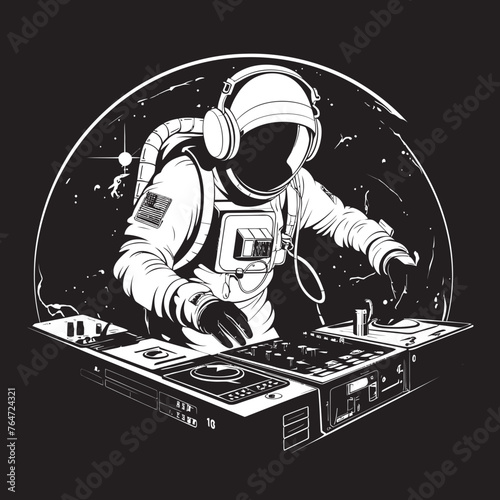 Celestial Crescendo Vector Logo Featuring Astronaut DJ Solar Soundwaves Vector Design with DJ Astronaut Icon