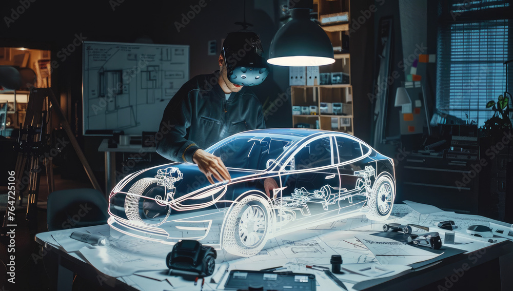 A man wearing an AR headset is standing over a holographic blueprint of a car, working on it with his hands. The design looks like concept art for electric cars - obrazy, fototapety, plakaty 