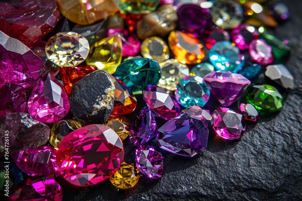Vibrant Rainbow Colored Gemstones on Black Background, Luxurious Shiny Jewelry Stones Close-up Photography Vibrant Rainbow Colored Gemstones on Black Background, Luxurious Shiny Jewelry Stones Close-up Photography