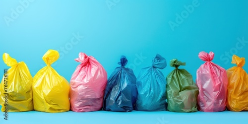 A group of colorful trash bags sorted for recycling, illustrating the concept of waste segregation and environmental responsibility.
