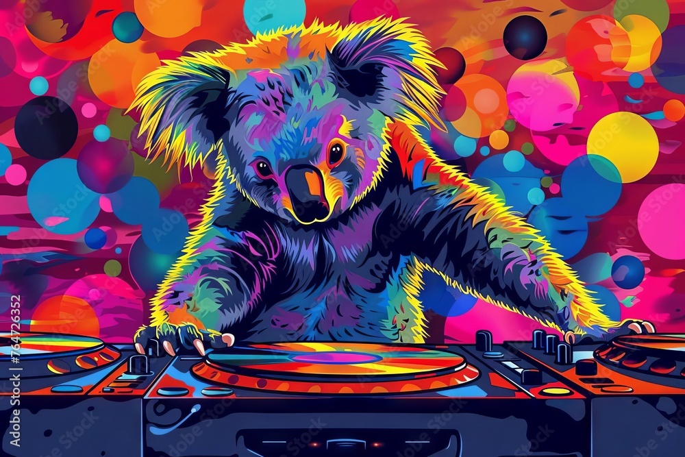 Vibrant, pop art-style illustration of a funky koala DJ spinning records in a colorful, retro-inspired disco, digital art Vibrant, pop art-style illustration of a funky koala DJ spinning records in a colorful, retro-inspired disco, digital art