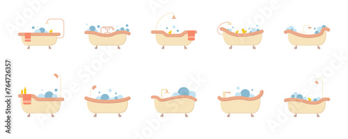 Bath set icon vector. Bathroom cute color concept icon. Simple shower vector. A bathtub in a simple multi-colored style. Interior icon for web design. Bathroom furniture.