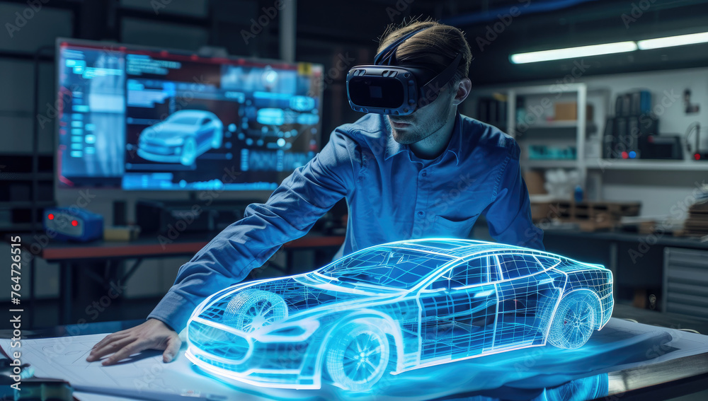 A person wearing AR glasses is standing over a holographic car model on the table. The scene includes blueprints and design tools around them - obrazy, fototapety, plakaty 