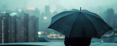 luxury compact travel umbrella with a backdrop of a blurred cityscape, perfect for lifestyle advertising or urban photography themes photo