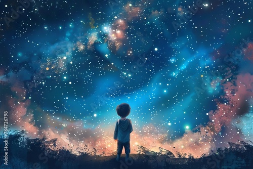 Wide-Eyed Child Gazing at Starry Night Sky, Dreamy Wonder and Curiosity Concept Illustration
