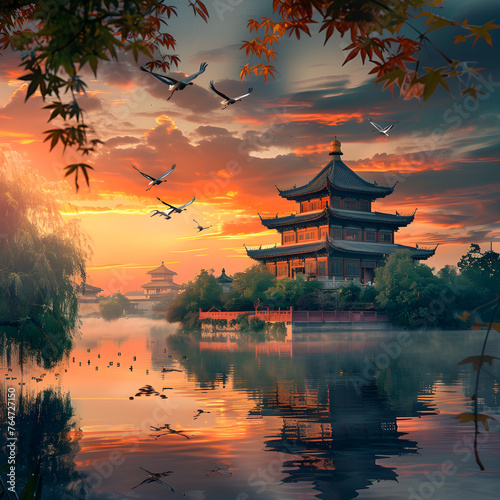 Vibrant Scenic Beauty and Traditional Architecture of Jiangsu Province Reflected in the Pristine Lake during a Mesmerizing Sunset
