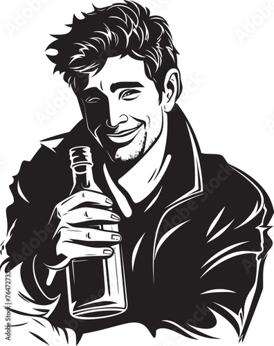 Intoxicated Infatuation Drunken Man Vector Graphics Holding a Liquor Bottle Booze Bond Vector Logo of a Man Affectionately Holding an Alcohol Bottle