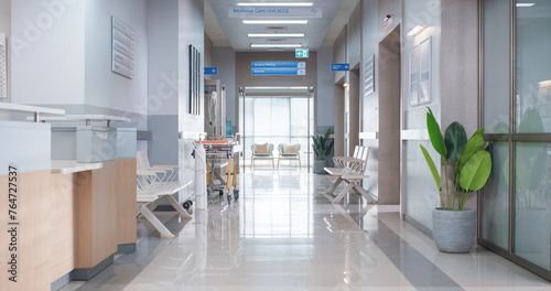 Empty Hospital Reception Hall During the Day. Modern Clinic with Advanced Equipment, Best Medical Health Treatment Center With Bright Sunny Window View
