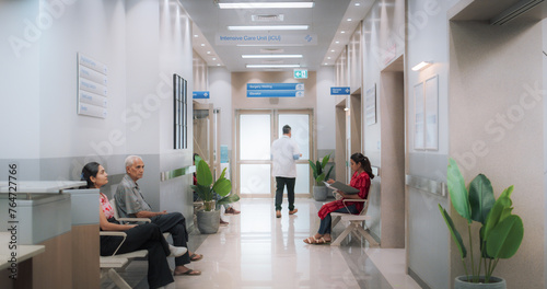 Active Local Indian Health Clinic Corridor, Representing Modern and Advanced Healthcare Services with Nurses and Doctors. Diverse Patients Waiting in Reception Hall in a Hospital