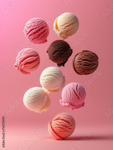 floating ice cream scoops, multiple flavors like strawberry, vanilla, and chocolate levitating in perfect formation, with studio lighting casting soft shadows on an isolated background
