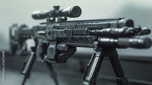 Close-up of a modern tactical assault rifle with attached scope, pictured in a rainy environment, symbolizing military precision and readiness.